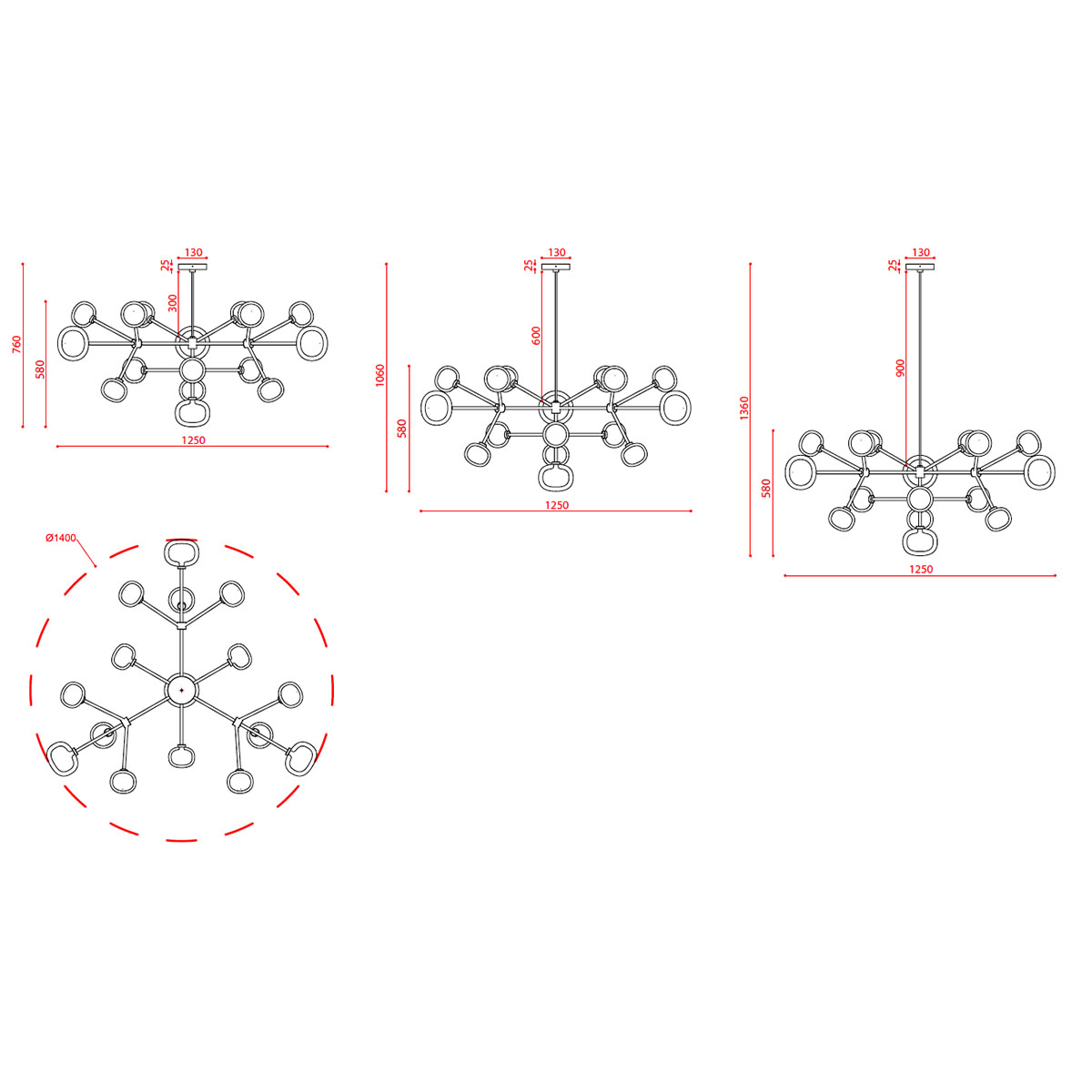 Nabila 552.16 Pendelleuchte 16-flammig Ø: 140 cm, Schwarz Matt / Schwarz Chrom & Rauchglas,