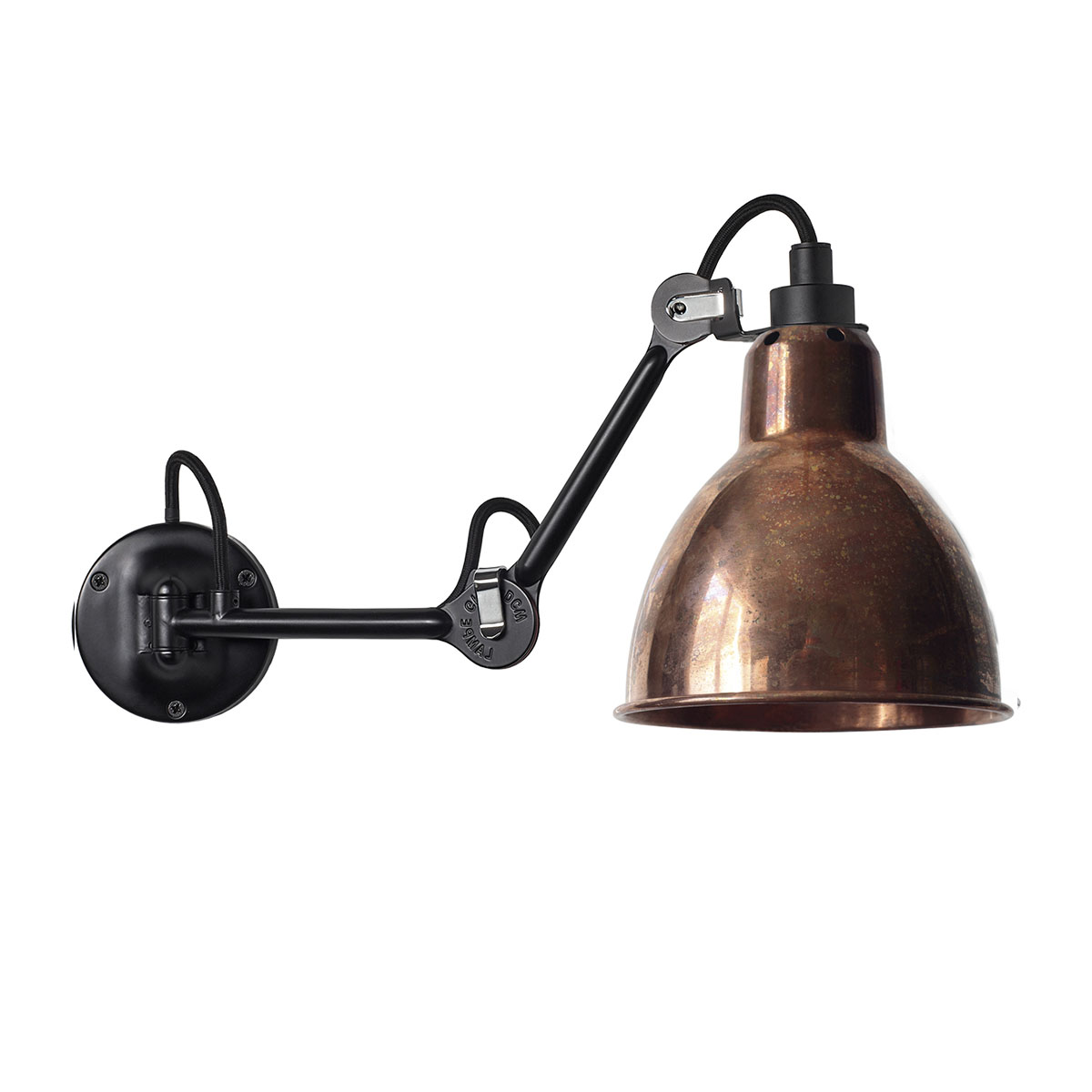 Lampe Gras N° 204 Wandleuchte Schwarz, Schirm Kupfer roh in Schwarz Kupfer – moderne Designerlampe von DCW Editions für den Flur