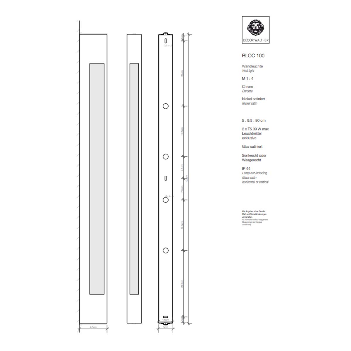 Decor Walther Bloc Wandleuchte Bad, H: 60 cm, T: 5 cm Modern – technische Zeichnung