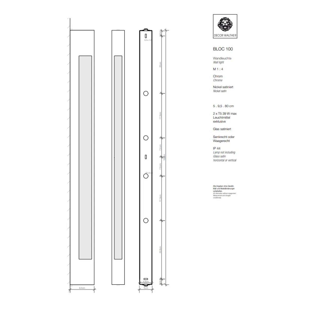 Decor Walther Bloc Wandleuchte Bad, H: 60 cm, T: 5 cm Modern – technische Zeichnung