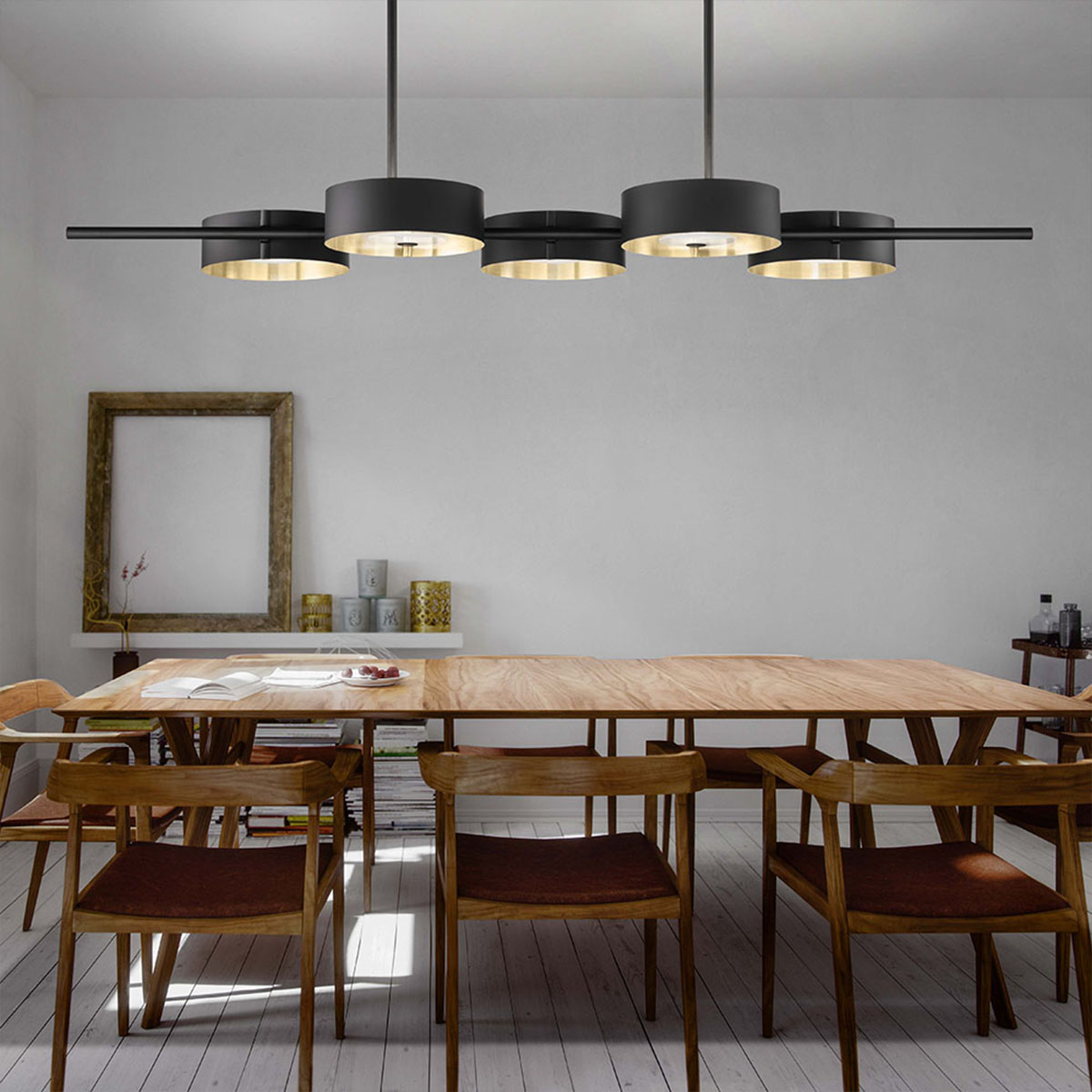 Sound BIL5 Pendelleuchte, L: 191 cm, 5-flammig, Gold gebürstet, Retrofit Sound BIL5 Pendelleuchte, L: 191 cm, 5-flammig, Messing gebürstet & Schwarz matt, LED-Modul