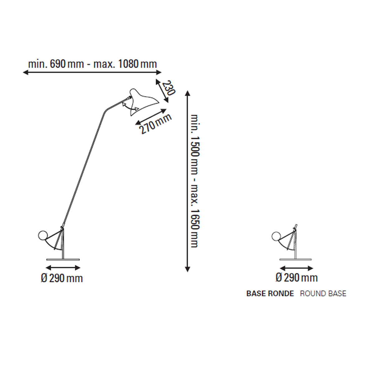 Technische Zeichnung DCW Editions Mantis BS1 B Stehleuchte, H: 150 - 165 cm Runder Fuß