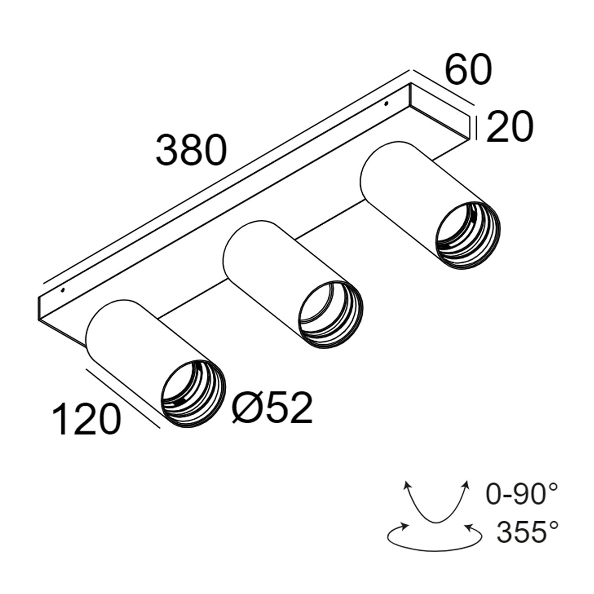 DeltaLight SPY 52 ON 3 92720 DIM8 Aufbaustrahler, Ø: 5,2 cm, L: 12 cm Schwarz, Extra-Warmweiß 2700K, 20° Aufbaustrahler – technische Zeichnung