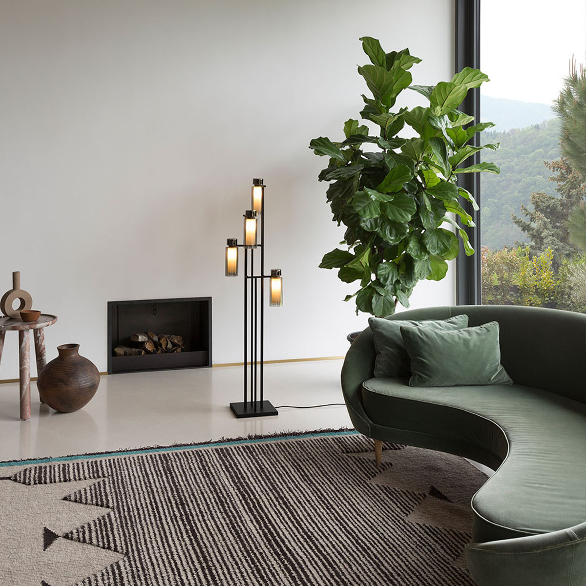 TOOY Osman 560.64 Stehleuchte 4-flammig H: 140 cm Schwarz Matt / Schwarz Chrom & Rauchglas Schaltbar