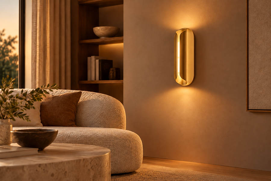 Goldene DCW Rosalie Wandleuchte mit warmem Licht im Wohnzimmer
