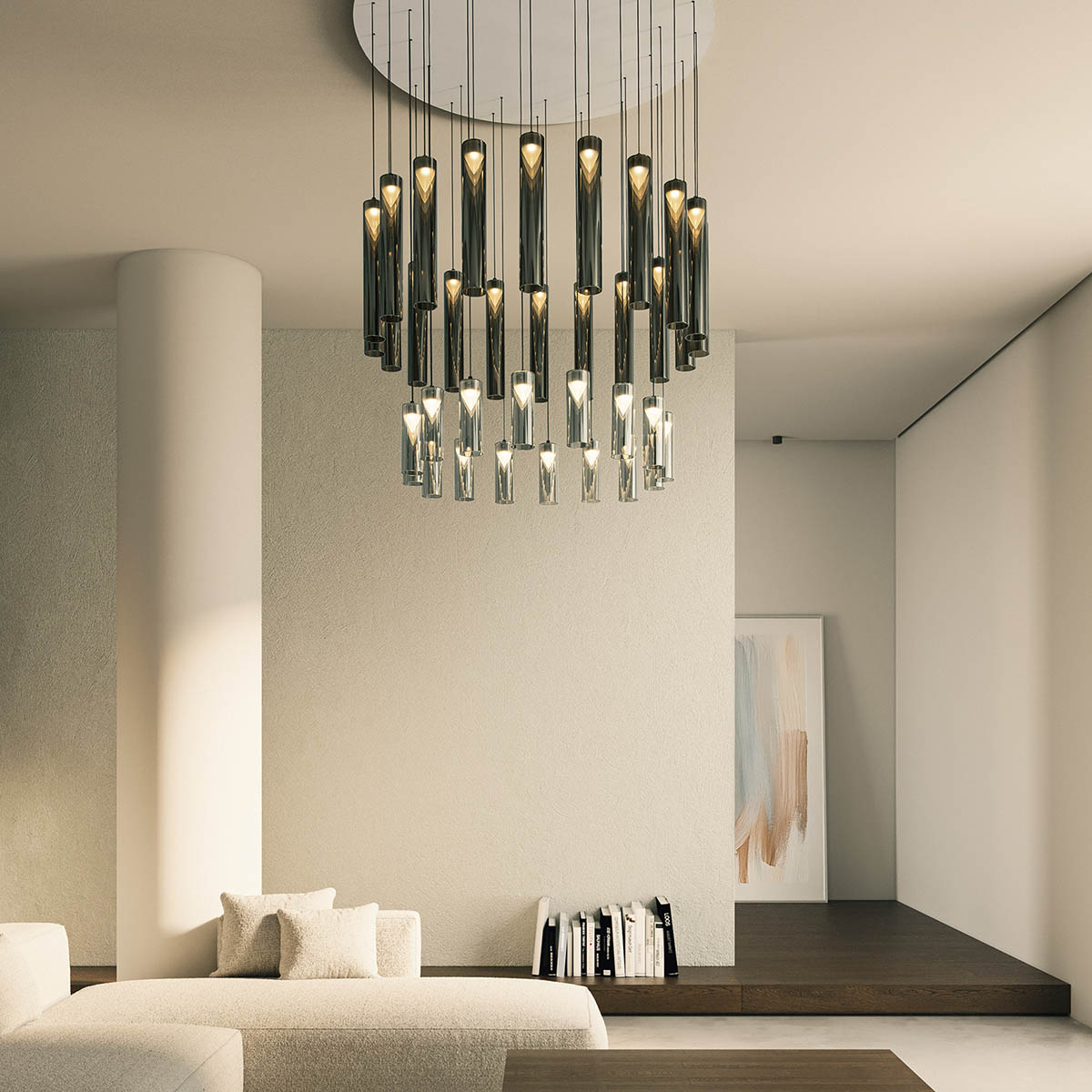 Iconica Tall Pendelleuchte, Bronze Glas, H: 40 cm, Titanium, On-Off Iconica Short Pendelleuchte, Gold Glas, H: 20 cm, Weiß, DALI