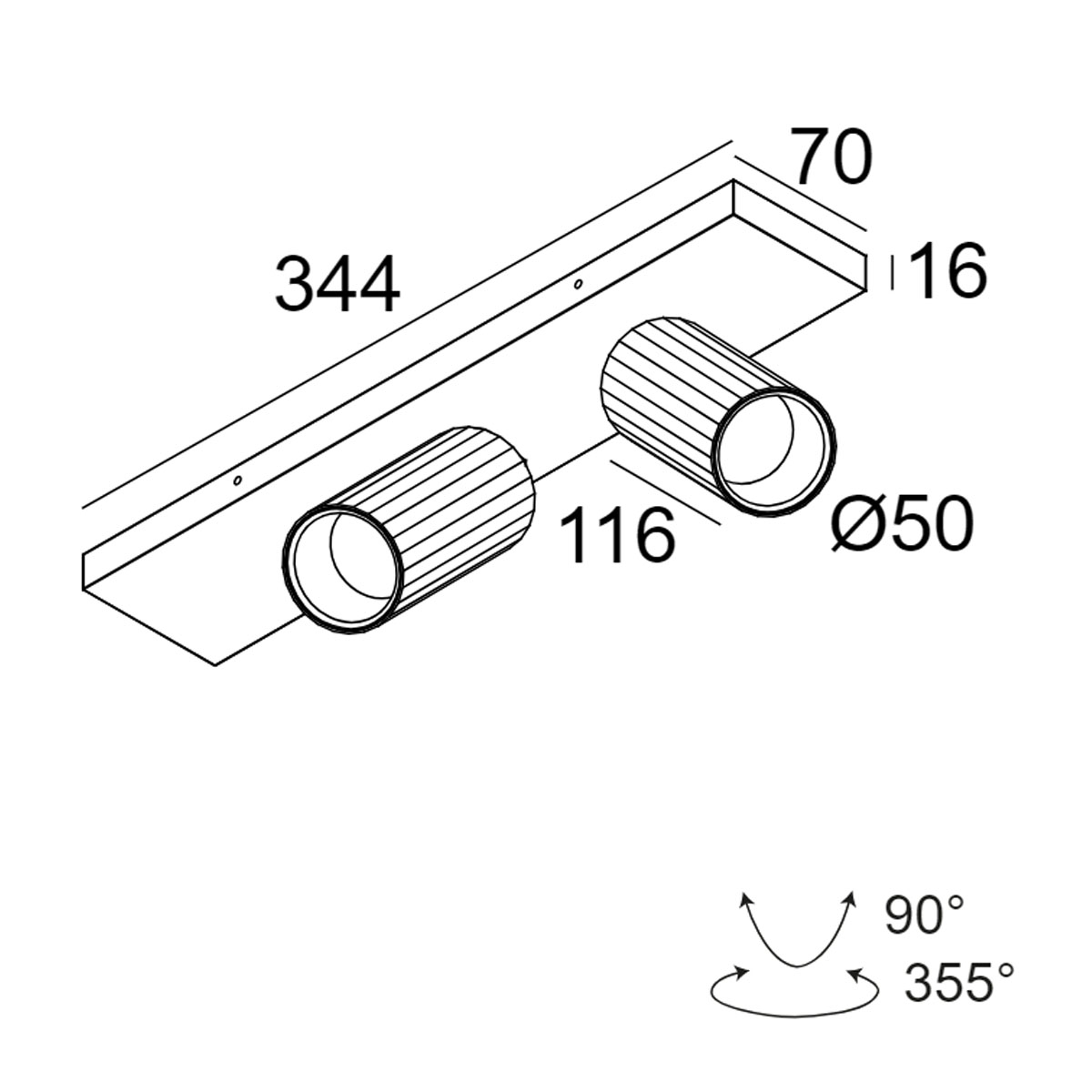 DeltaLight HEDRA ON 2 93033 DIM1 Aufbaustrahler, L: 34,4 cm, B: 7 cm Goldfarben & Schwarz, Warmweiß 3000K Aufbaustrahler – technische Zeichnung