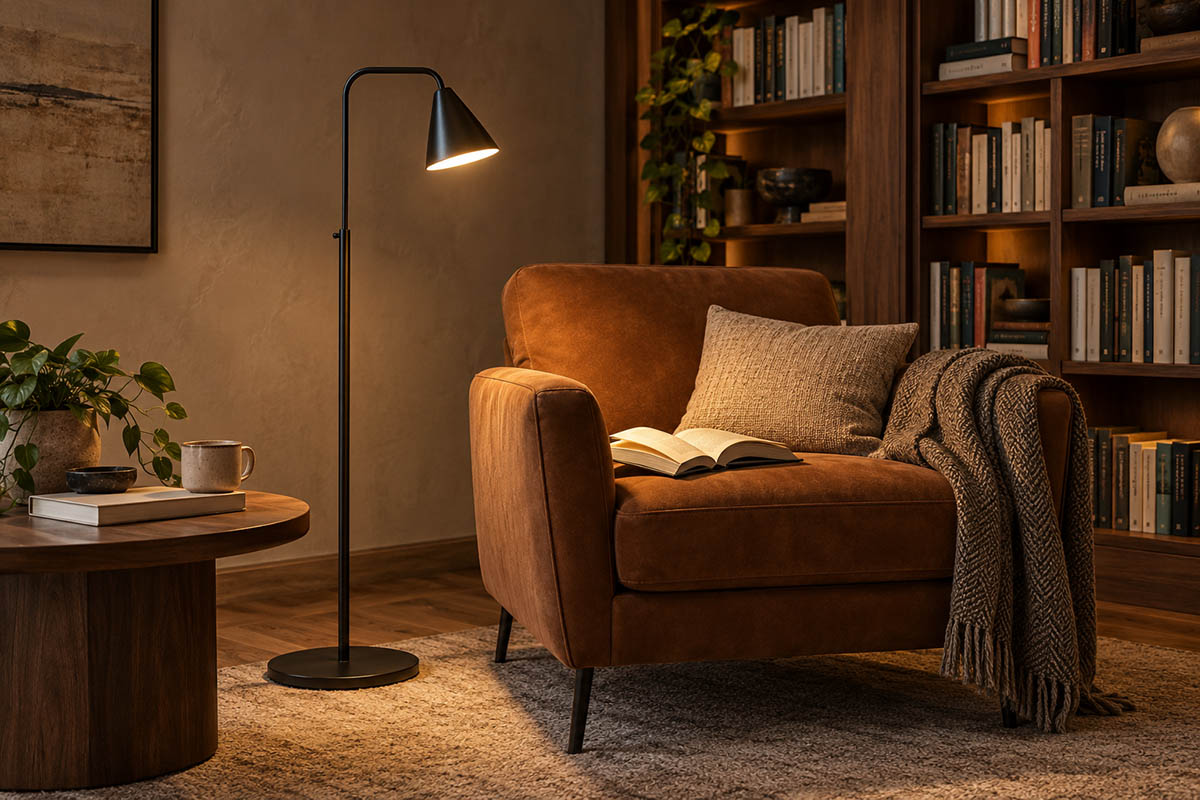 Gemütliche Leseecke mit braunem Sessel und einer schwarzen Stehleuchte, die ein aufgeschlagenes Buch beleuchtet