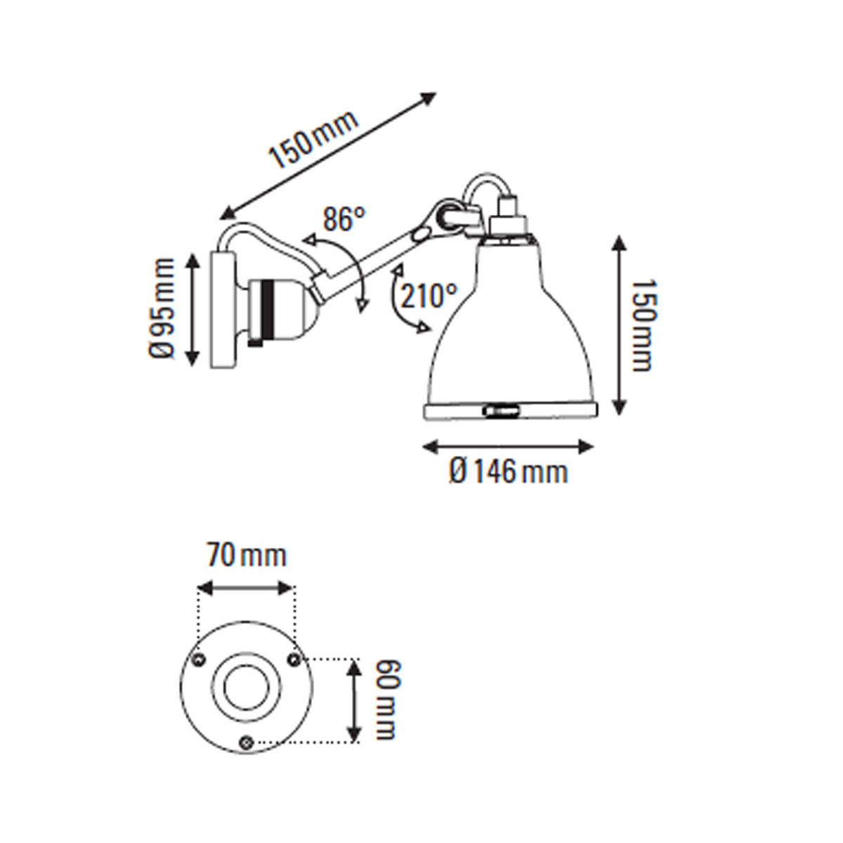 Technische Zeichnung DCW Editions Lampe Gras N° 304 Wandleuchte, T: 15 cm Schirm Messing Weiß Rund