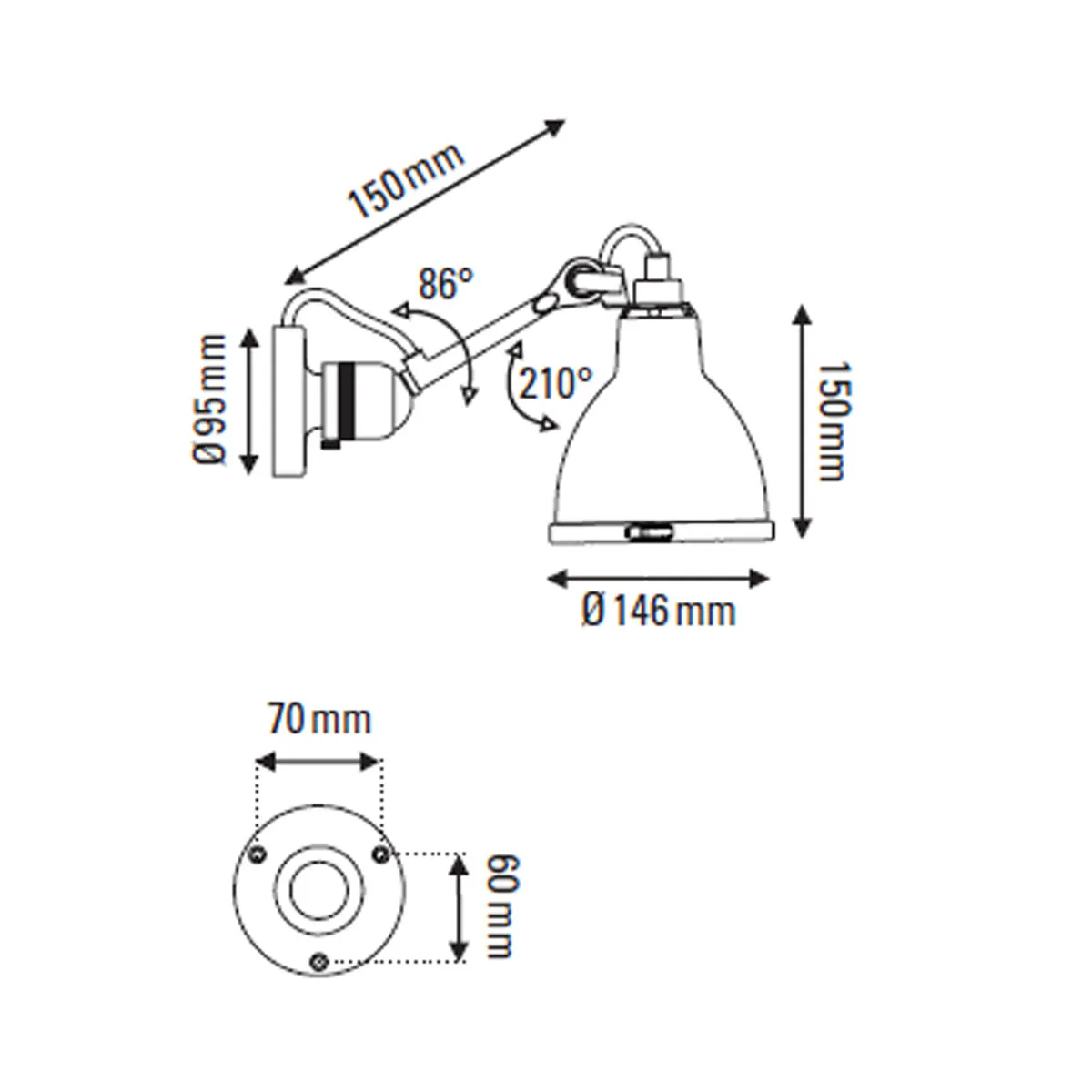 Technische Zeichnung DCW Editions Lampe Gras N° 304 Wandleuchte, T: 15 cm Schirm Messing Weiß Rund