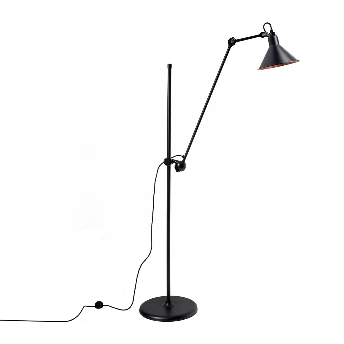 Lampe Gras N° 215 Stehleuchte, H: 135 cm Schwarz, Schirm Schwarz & Kupfer Rund in Schwarz Kupfer – exklusive Designerleuchte von DCW Editions für das Wohnzimmer