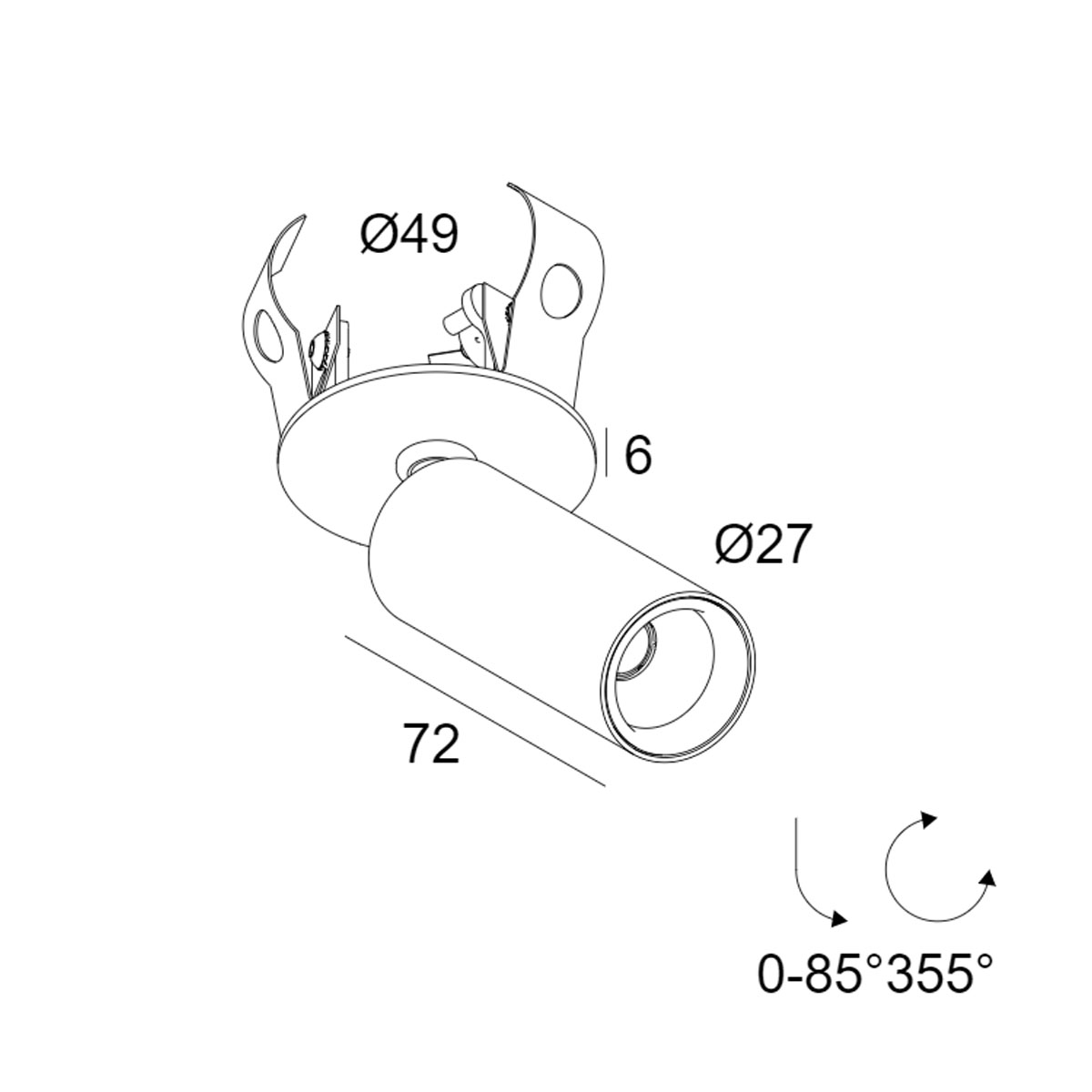 DeltaLight SPY 27 CLIP 92730 Einbaustrahler, Ø: 2,7 cm, L: 7,2 cm Weiß, Extra-Warmweiß 2700K Einbaustrahler – technische Zeichnung
