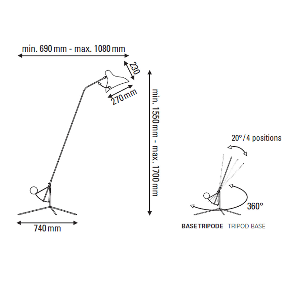 Technische Zeichnung DCW Editions Mantis BS1 Stehleuchte, H: 155 - 170 cm Dreibein