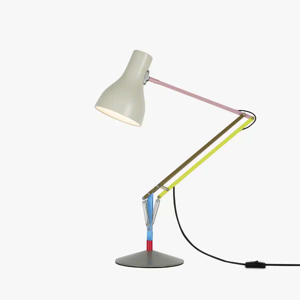 Anglepoise Type 75 Tischleuchte Paul Smith, H: 90 cm in Edition 1 als farbige Design-Tischleuchte von Paul Smith mit ikonischem Federmechanismus und pastellfarbenen Akzenten für kreative Wohn- und Arbeitsbereiche