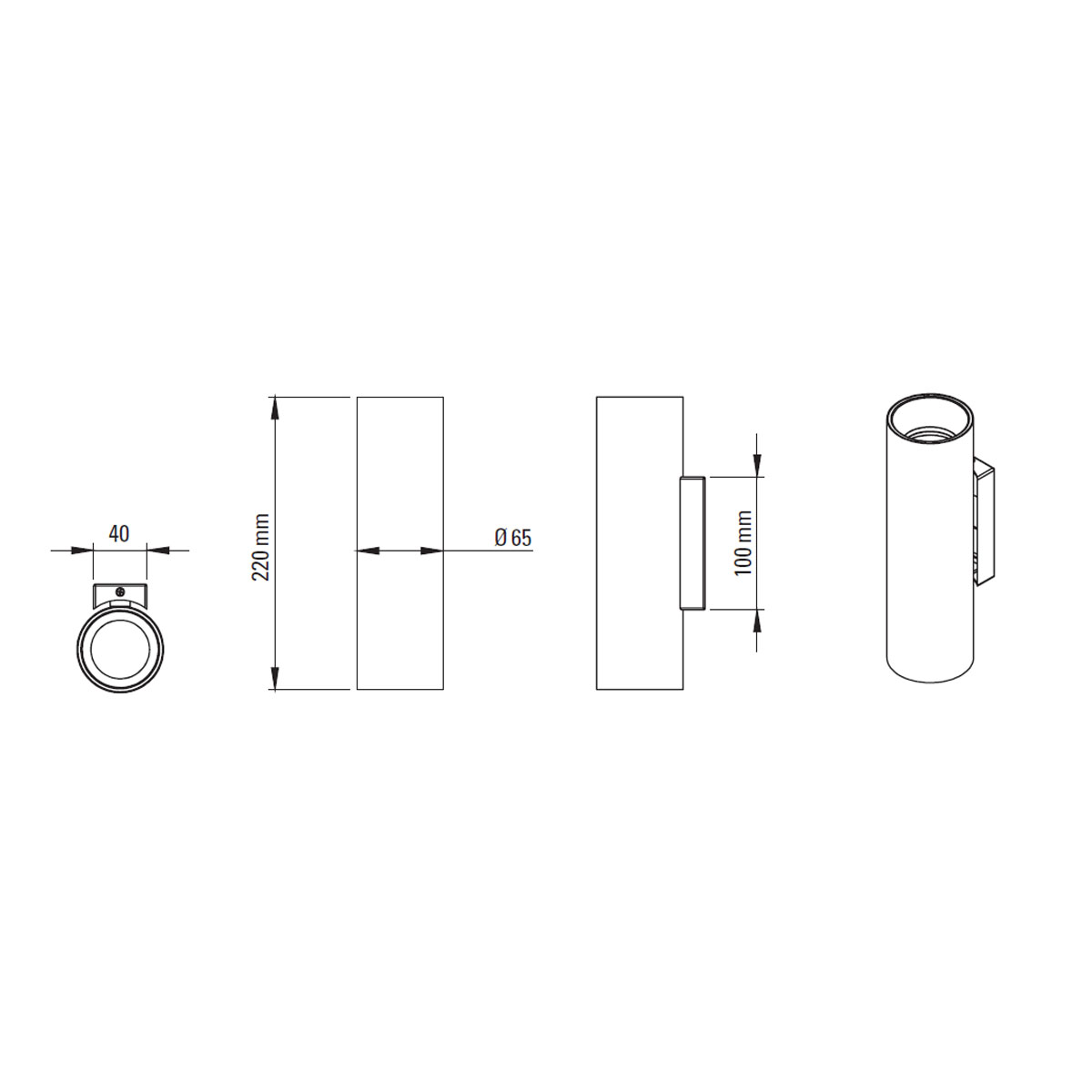 Technische Zeichnung DCW Editions Tobo W65 Wandleuchte, Ø: 6,5 cm, H: 22 cm Messing