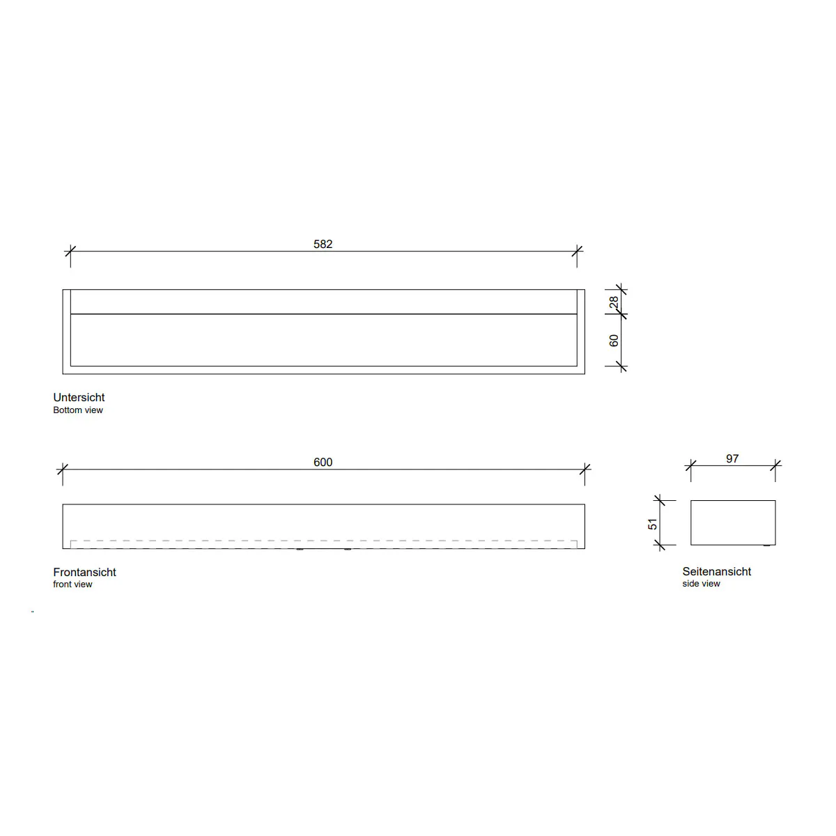 Maßzeichnung der Spiegel – Decor Walther Box 1-60 N LED Spiegel Aufsteckleuchte Bad, Weiß matt, B: 60 cm, Warmweiß 3000K