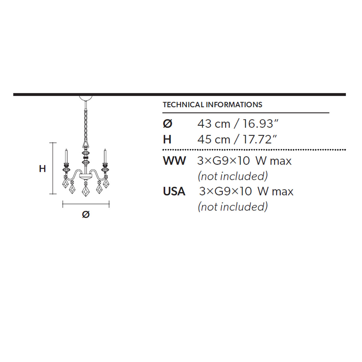Chic 3 Kronleuchter, 3-flammig, Ø: 43 cm, Blattsilber