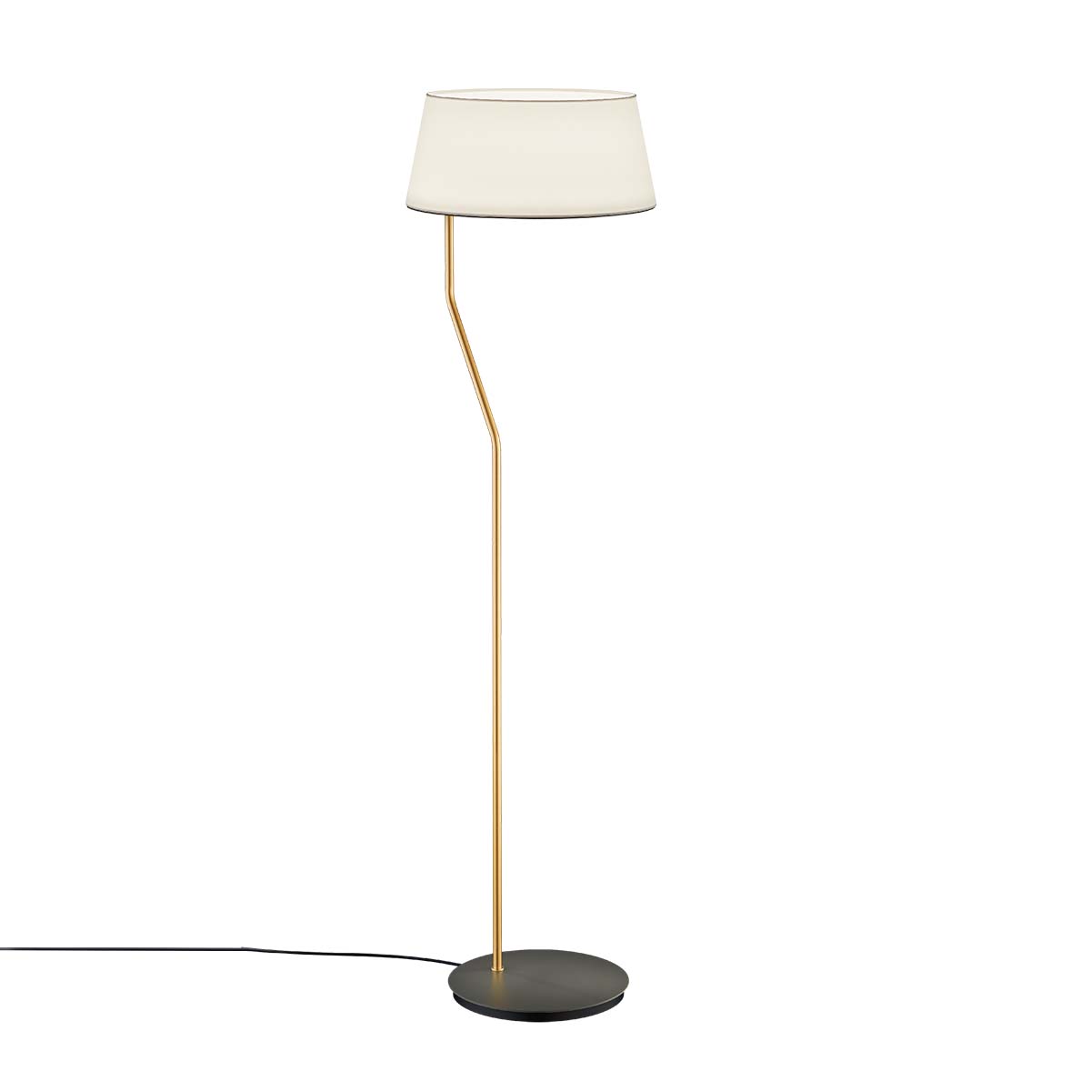 Große und schlanke Stehleuchte mit Schirm aus Leinen in der Farbe messing und chintz naturweiß