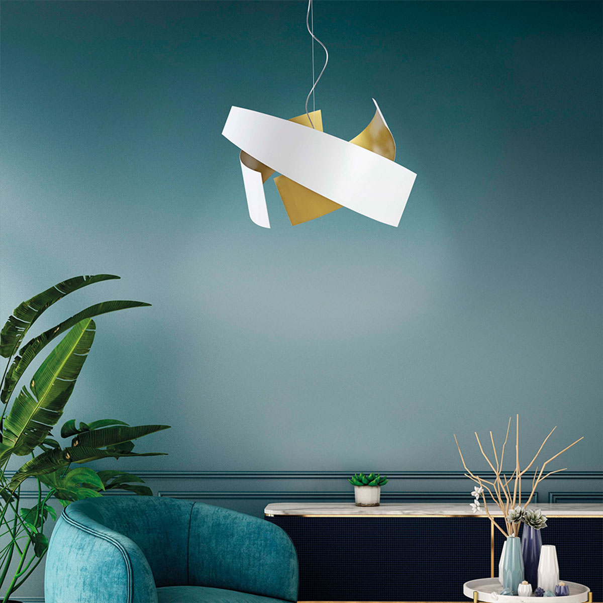 Ella S65 Pendelleuchte, Ø: 65 cm, H: 40 cm, Weiß Ella S65 Pendelleuchte, Ø: 65 cm, H: 40 cm, Schwarz & Goldfarbe