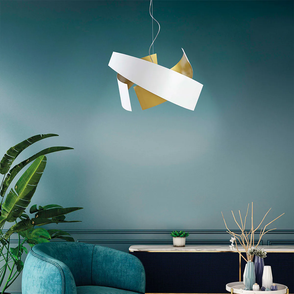 Ella S65 Pendelleuchte, Ø: 65 cm, H: 40 cm, Schwarz & Goldfarbe