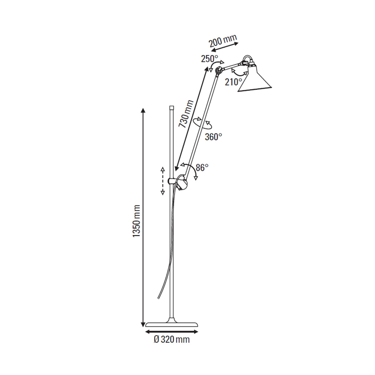 Lampe Gras N° 215 Stehleuchte, H: 135 cm Schwarz, Schirm Kupfer roh Konisch