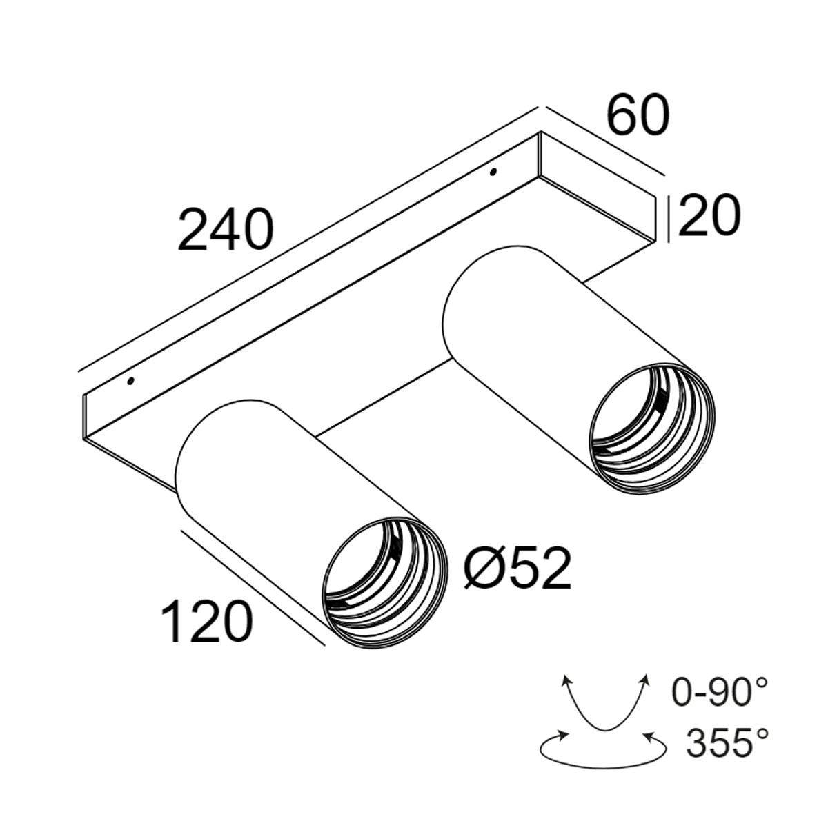 DeltaLight SPY 52 ON 2 92720 DIM8 Aufbaustrahler, Ø: 5,2 cm, L: 12 cm Schwarz, Extra-Warmweiß 2700K, 20° Aufbaustrahler – technische Zeichnung Delta Light SPY 52 ON 2 93045 DIM8 Aufbaustrahler, Ø: 5,2 cm, L: 12 cm, Vollweiß, Warmweiß 3000K, 45°