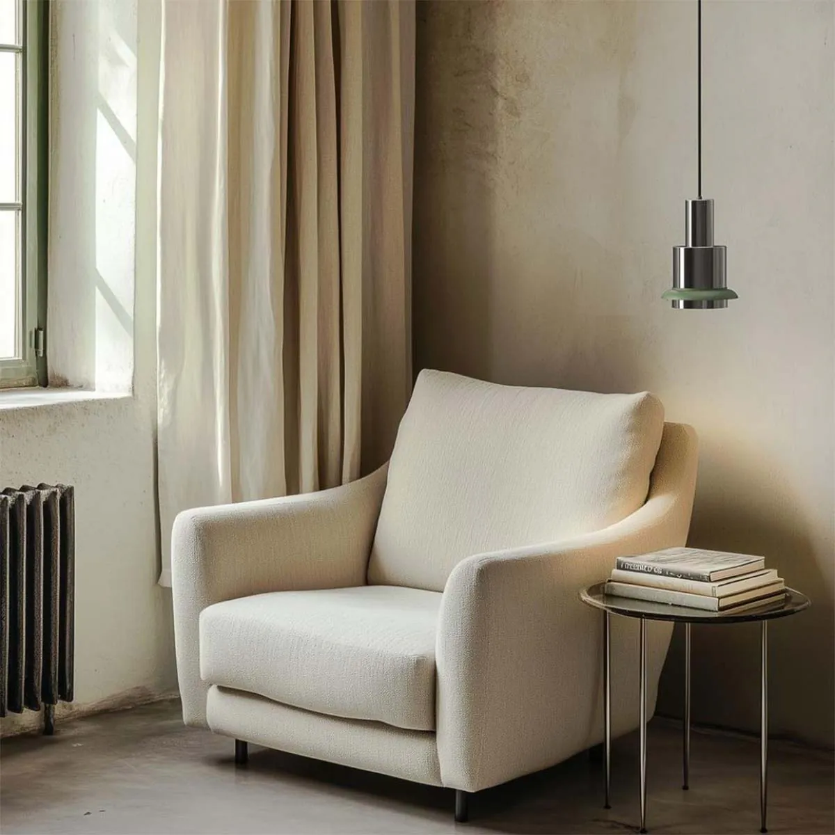 DCW Editions Chaumont 190 in Weiß/Nickel als Cluster – mehrere Leuchten gruppiert über rundem Holztisch, harmonisches Lichtkonzept in modernem Raum mit roten Vorhängen DCW Editions Chaumont 190 in Weiß/Nickel als Cluster – mehrere Leuchten gruppiert über rundem Holztisch, harmonisches Lichtkonzept in modernem Raum mit roten Vorhängen