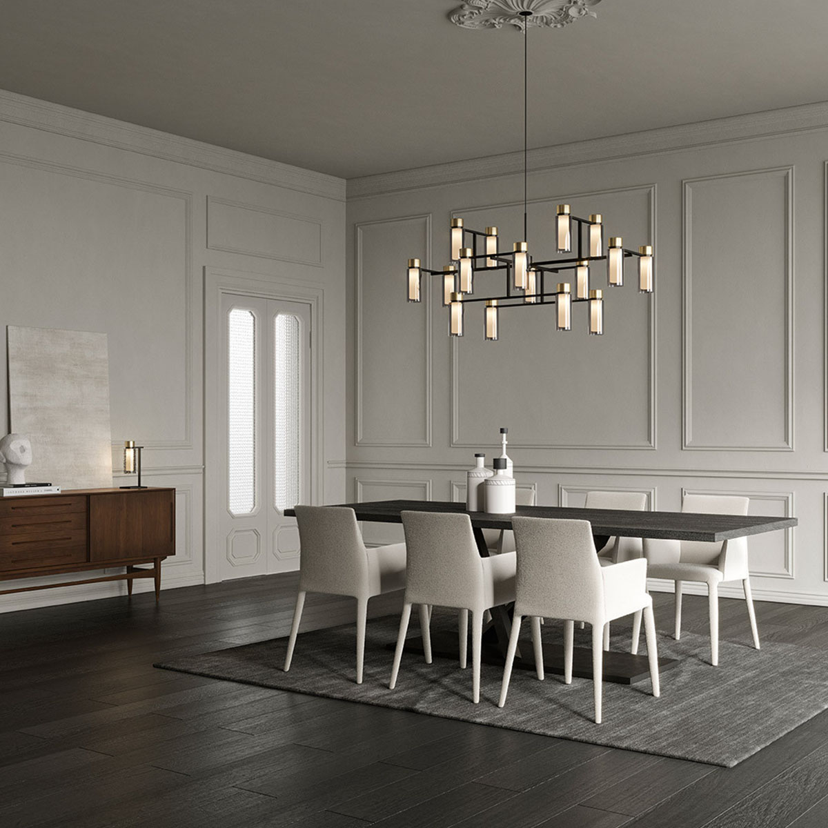 Osman 560.17 Pendelleuchte 16-flammig L: 130 cm, Schwarz Matt / Schwarz Chrom & Rauchglas