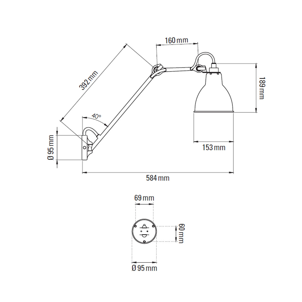 Lampe Gras N° 122 Wandleuchte, T: 58,4 cm Schwarz, Schirm Gelb