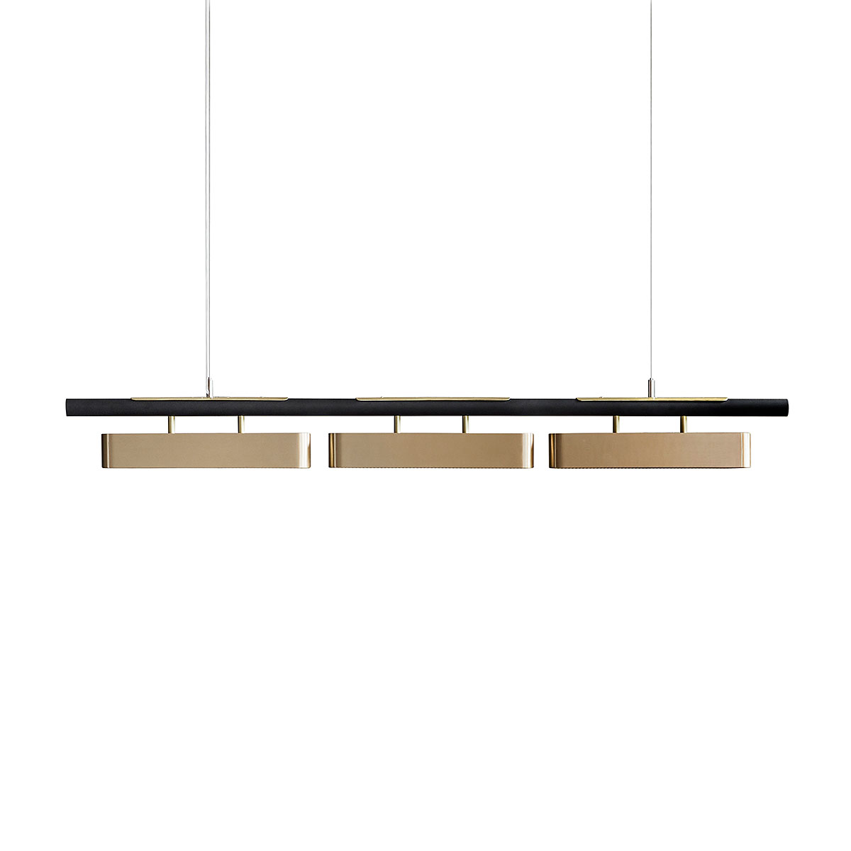 Luxusleuchten aus Großbritannien: Bert Frank Colt Pendelleuchte, L: 140 cm, 3-flammig, goldfarbene Oberfläche und Stahl, exklusives britisches Design, fokussiertes Licht Luxusleuchten aus Großbritannien: Bert Frank Colt Pendelleuchte, L: 140 cm, 3-flammig, goldfarbene Oberfläche und Stahl, exklusives britisches Design, fokussiertes Licht