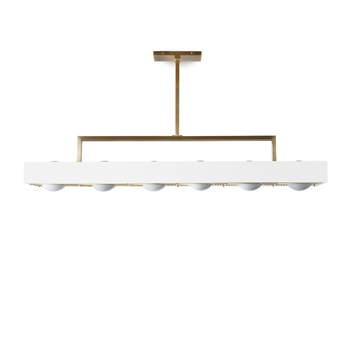 atmosphärisches Licht: Bert Frank Kernel Pendelleuchte, Weiß, 6-flammig – gefertigt aus poliertes Messing und gebürstetes Aluminium und Glas, in Großbritannien produziert