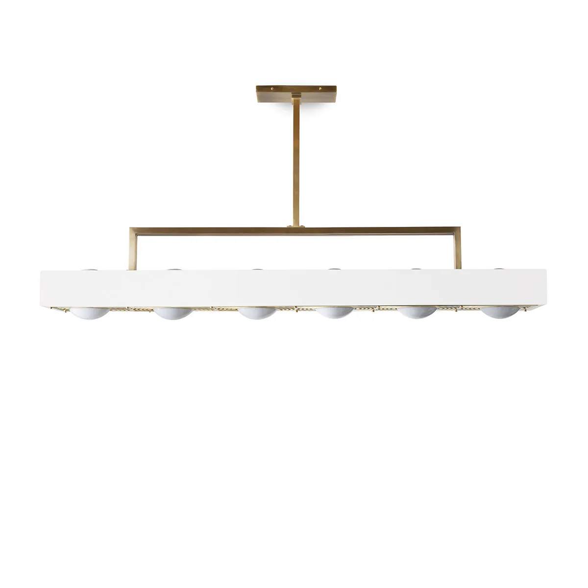 atmosphärisches Licht: Bert Frank Kernel Pendelleuchte, Weiß, 6-flammig – gefertigt aus poliertes Messing und gebürstetes Aluminium und Glas, in Großbritannien produziert