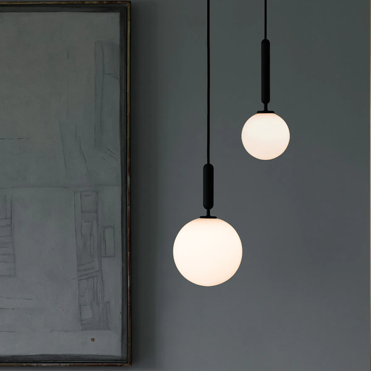 Miira 1 Pendelleuchte, Ø: 14 cm, Steingrau, Glas transparent Miira 1 Pendelleuchte, Ø: 14 cm, Messing, Opalglas