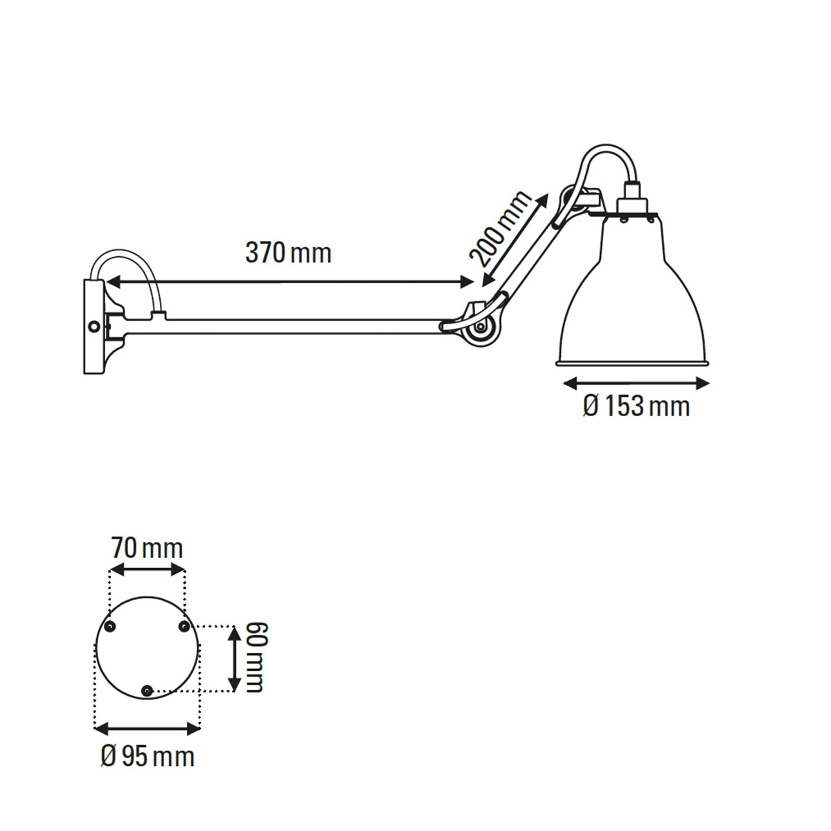 Technische Zeichnung DCW Editions Lampe Gras N° 204 L40 Wandleuchte Schwarz, Schirm Gelb