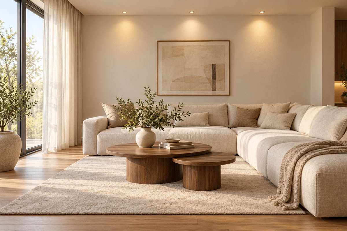 Helles Wohnzimmer mit cremefarbenem Sofa, hellen Wandflächen und Deckenspots