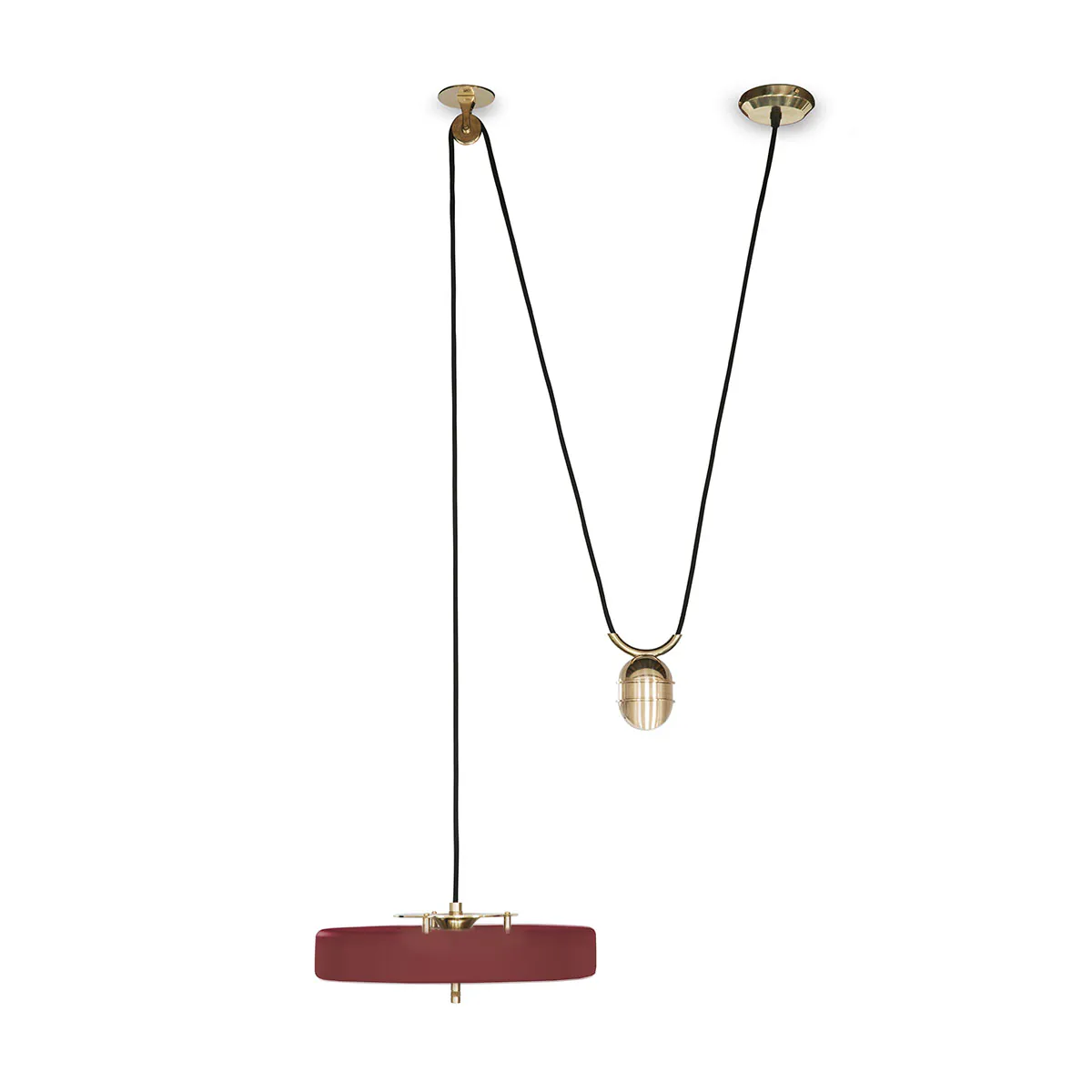 Bert Frank Revolve Rise & Fall Hängeleuchte, Ø: 35 cm, Rot, Messing gebürstet aus Messing und metallische Oberfläche und Polycarbonat – Designerleuchte aus England, gleichmäßige Beleuchtung, ikonische Revolve-Serie im Art Déco Stil Bert Frank Revolve Rise & Fall Pendelleuchte, Ø: 35 cm, Rot, Messing poliert aus poliertes Messing und Aluminium und Polycarbonat – Designerleuchte aus England, sanftes Licht, ikonische Revolve-Serie im Art Déco Stil