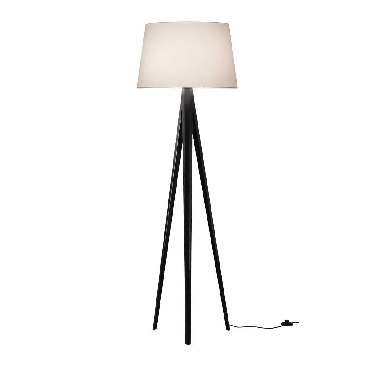 Elegante Stehleuchte mit schwarzem Dreifuß und rundem Schirm in der Farbe naturweiß