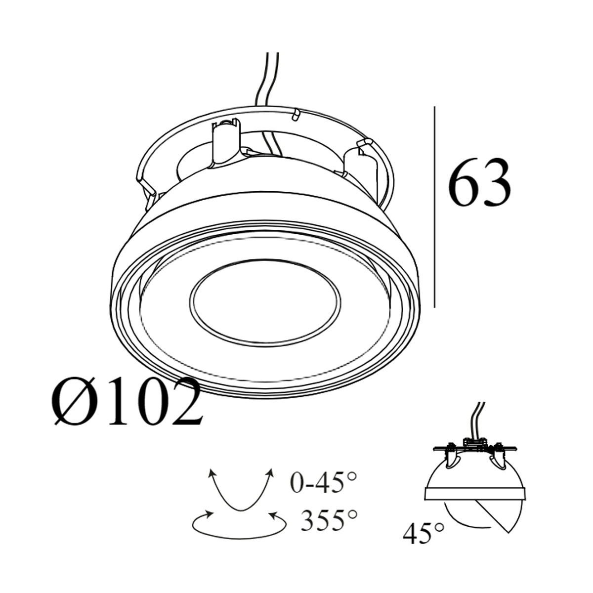 DeltaLight TWEETER M TRIMLESS 93050 Einbaustrahler, Ø: 10,2 cm, Schwarz & Chrom, Warmweiß 3000K, 50° Einbaustrahler – technische Zeichnung