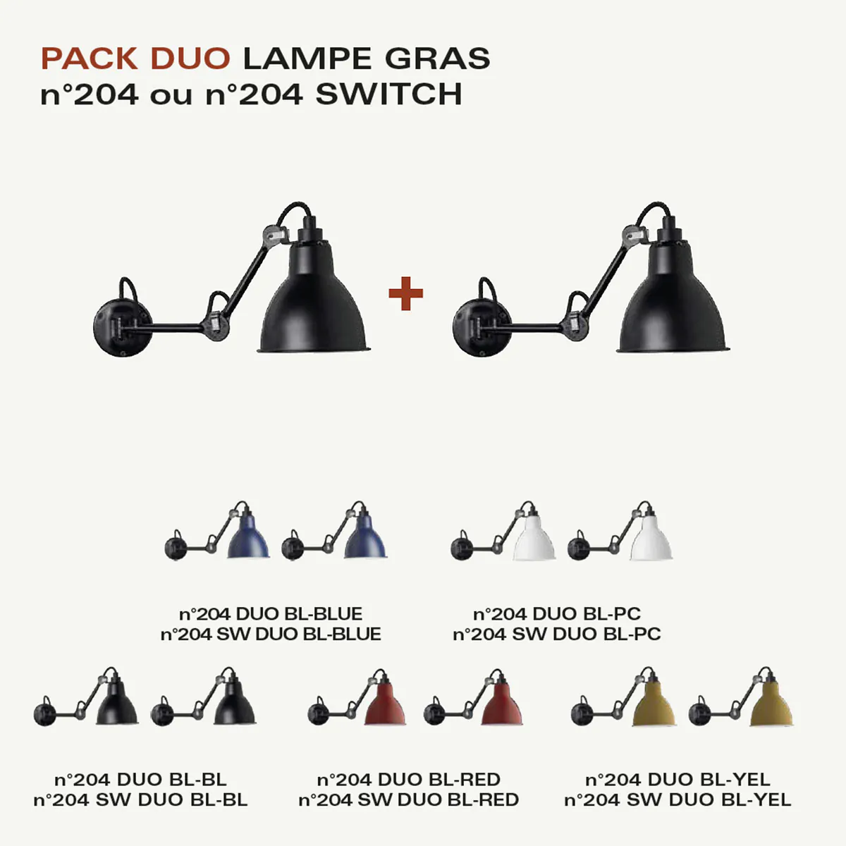 Spezial Angebot Pack Duo Lampe Gras N° 204 Wandleuchte Schwarz, Schirm Schwarz ohne Schalter – zeitloses Design von DCW Editions geeignet für den Eingangsbereich