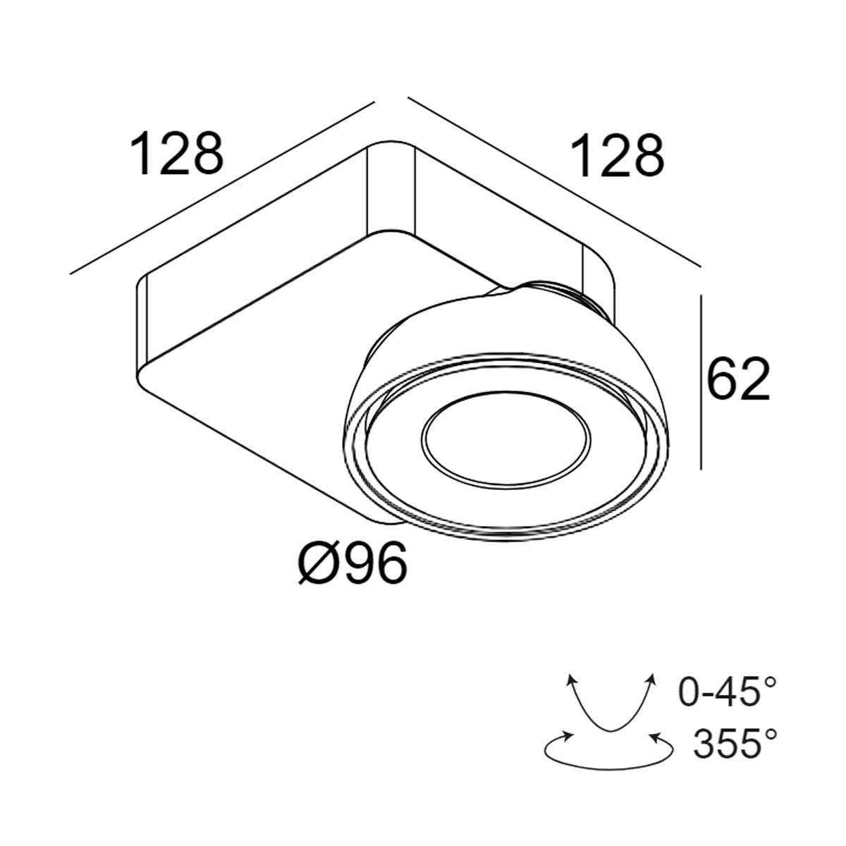 DeltaLight TWEETER M ON 1 93050 DIM8 Aufbaustrahler, L: 12,8 cm, B: cm Weiß, Warmweiß 3000K, 50° Aufbaustrahler – technische Zeichnung