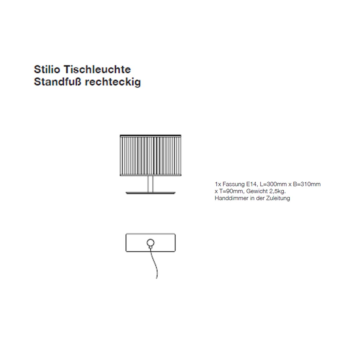 Stilio Tischleuchte, L: 30 cm, B: 31 cm, Matt vernickelt & gebürstet, Standfuß rechteckig Stilio Tischleuchte, L: 30 cm, B: 31 cm, Messing anlaufgeschützt, Standfuß rechteckig