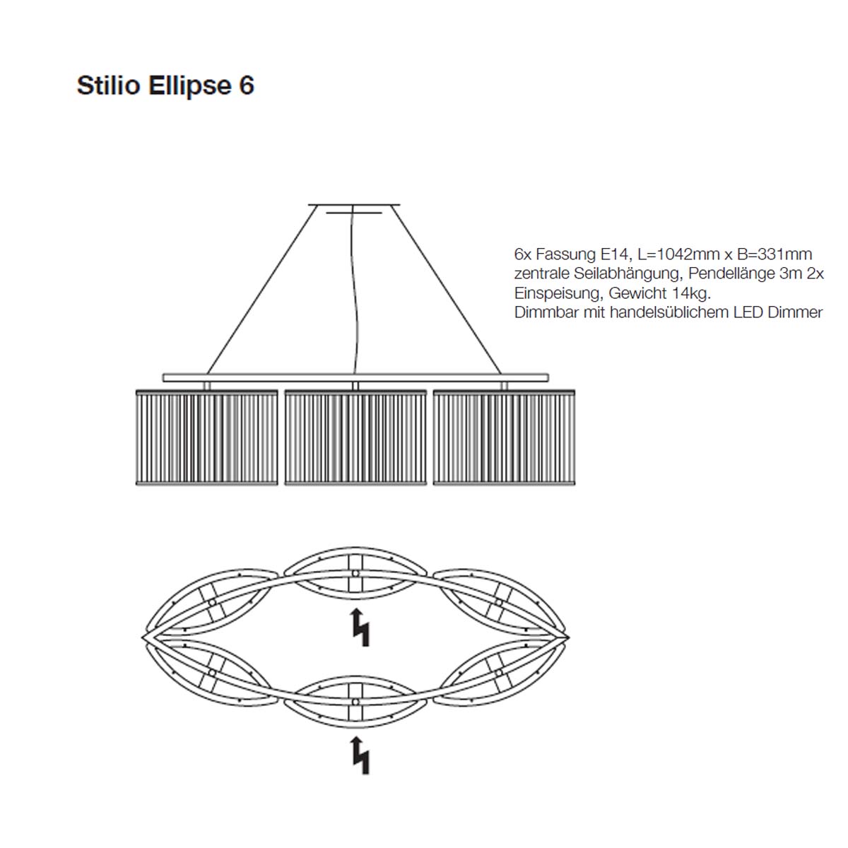Stilio Pendelleuchte, L: 104,2 cm, Matt vernickelt & gebürstet, Oval 6 Stilio Pendelleuchte, L: 104,2 cm, Messing anlaufgeschützt, Oval 6