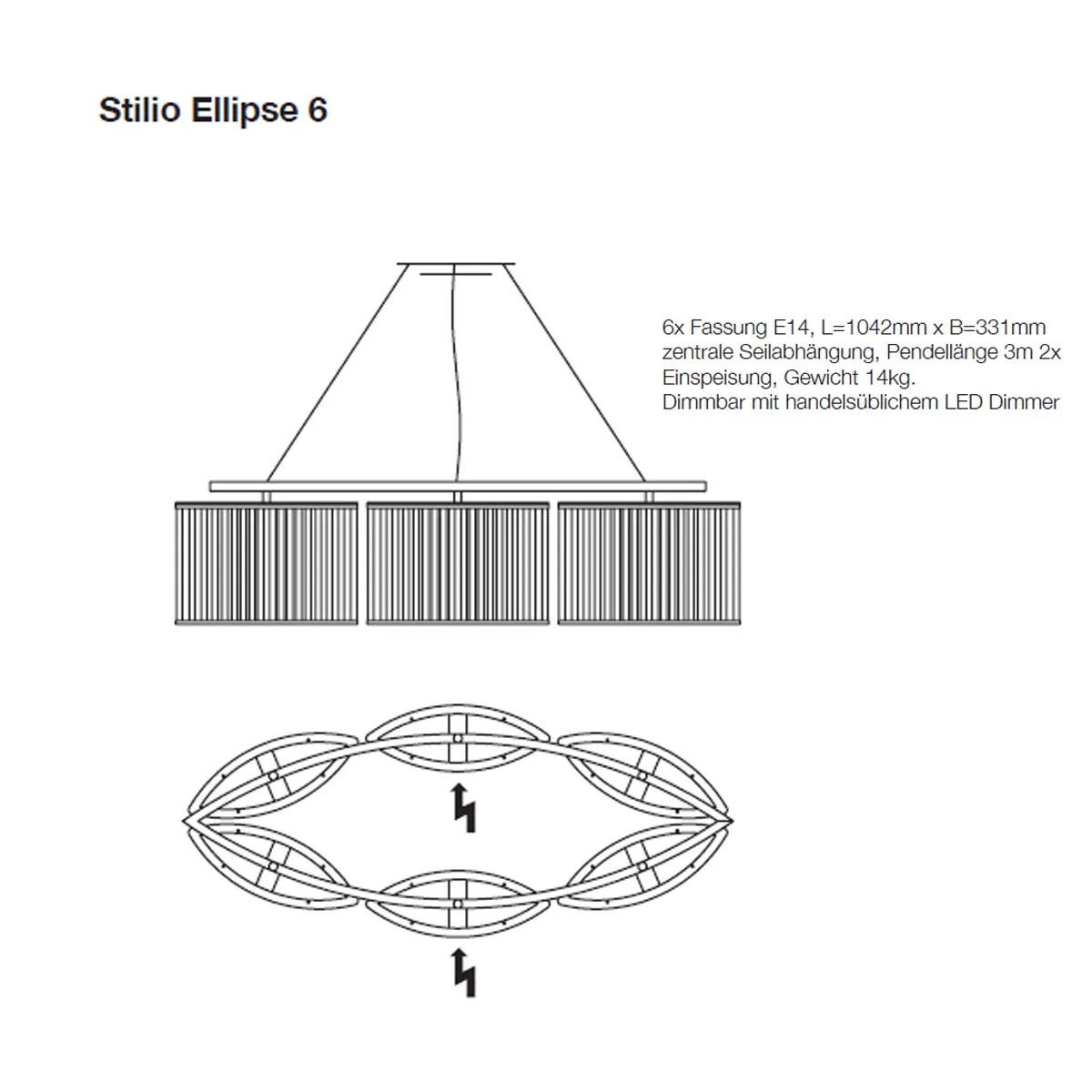 Stilio Pendelleuchte, L: 104,2 cm, Messing anlaufgeschützt, Oval 6