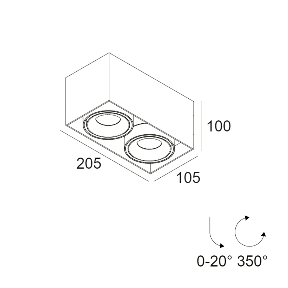 DeltaLight MINIGRID ON 250 92718 DIM8 Aufbaustrahler, L: 20,5 cm, B: 10,5 cm Schwarz, Extra-Warmweiß 2700K, 18° Aufbaustrahler – technische Zeichnung DeltaLight MINIGRID ON 250 93050 DIM8 Aufbaustrahler, L: 20,5 cm, B: 10,5 cm Weiß & Schwarz, Warmweiß 3000K, 50° Aufbaustrahler – technische Zeichnung