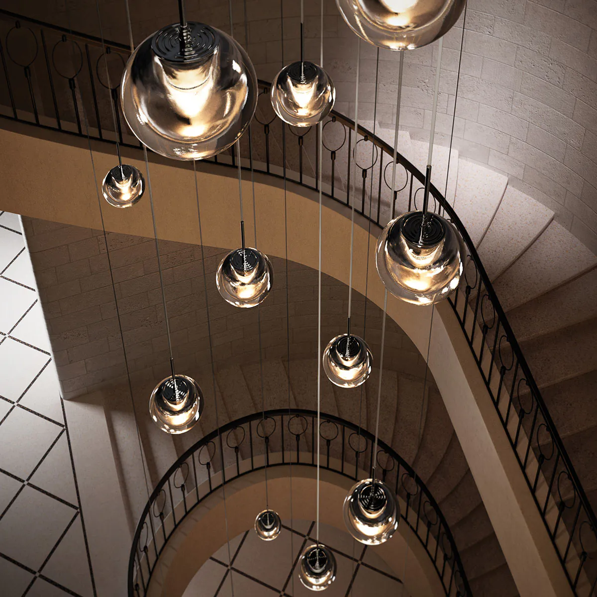 Dew Pendelleuchte, Ø: 11 cm, Chrom, 1-flammig Dew Pendelleuchte, Ø: 49,5 cm, Messing, 19-flammig