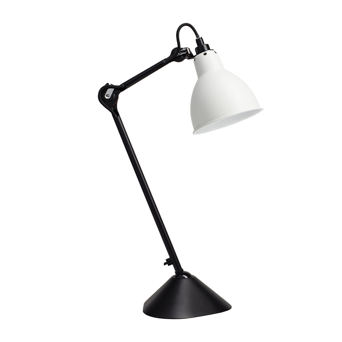 Lampe Gras N° 205 Tischleuchte, H: 39 cm Schwarz, Schirm Weiß Rund in Schwarz Weiß – stilvolle Designerleuchte des Herstellers DCW Editions für den Nachttisch