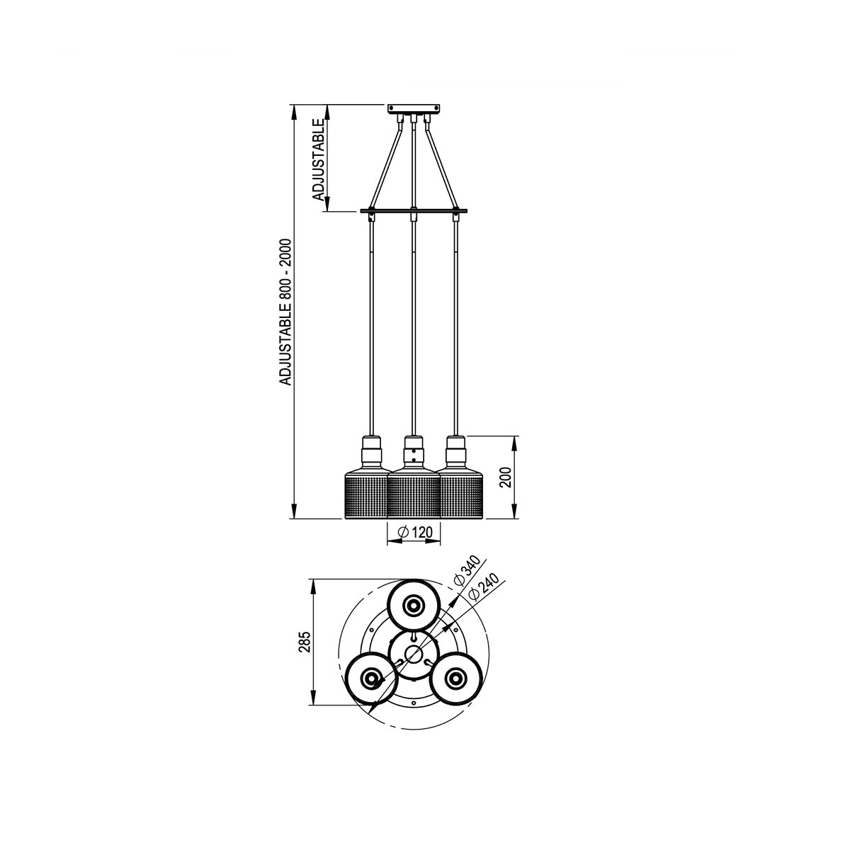 Technische Zeichnung Bert Frank Riddle Cluster Pendelleuchte, 3-flammig, Schwarz