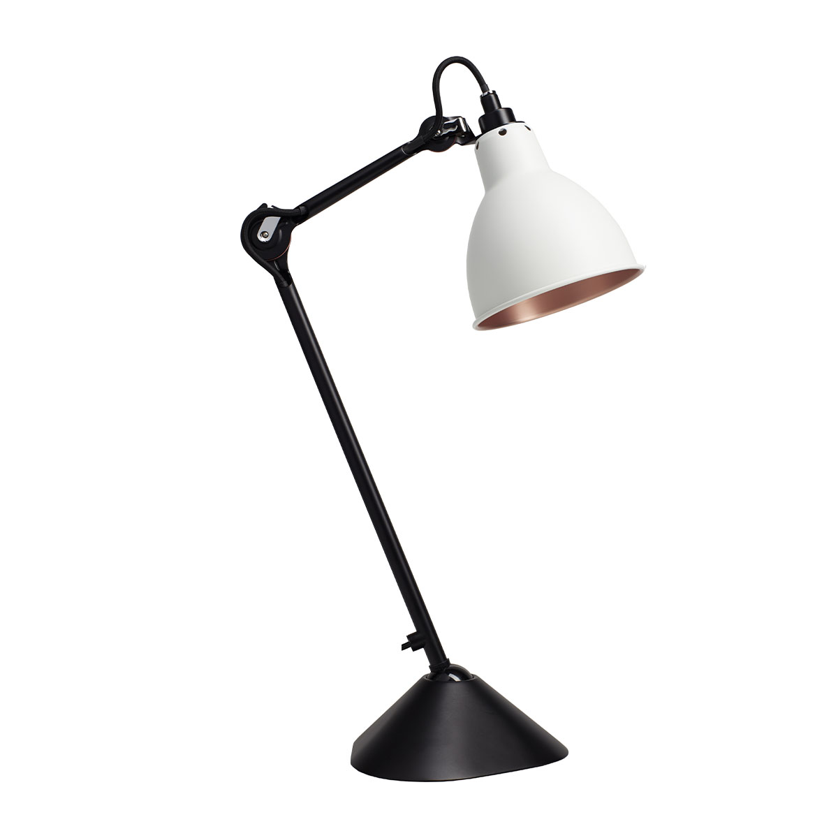 Lampe Gras N° 205 Tischleuchte, H: 39 cm Schwarz, Schirm Weiß & Kupfer Konisch