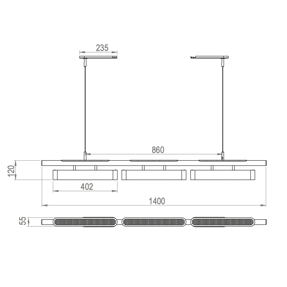 Technische Zeichnung Bert Frank Colt Pendelleuchte, L: 140 cm, 3-flammig