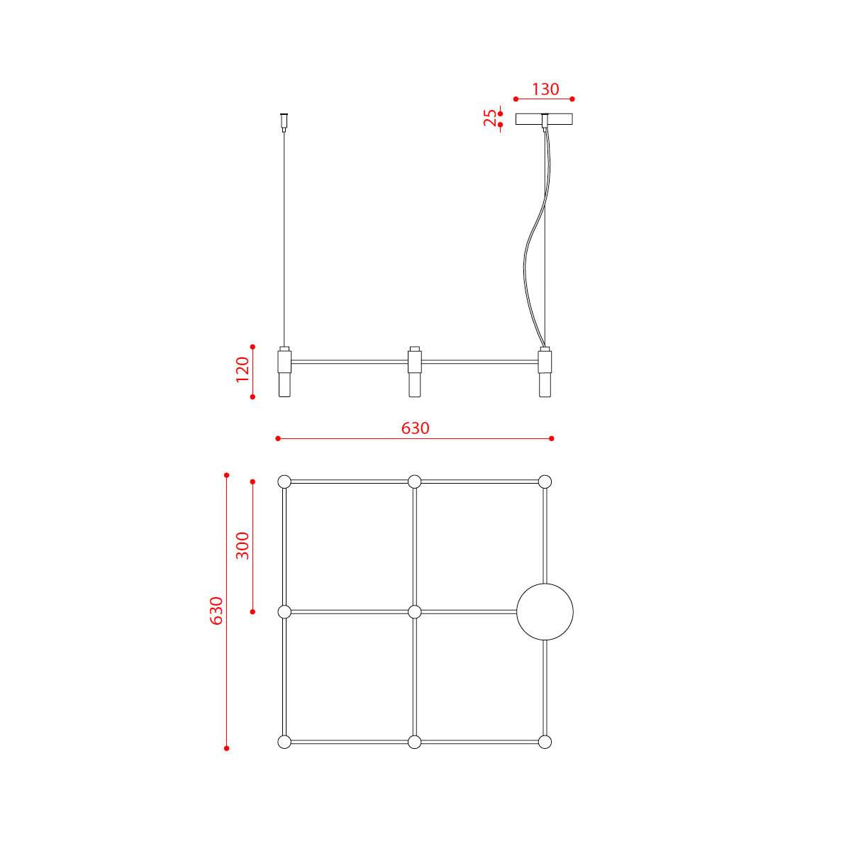 TOOY_Quadrante_505-09_Zeichnung Technische Zeichnung TOOY Quadrante 505.09 Pendelleuchte 9-flammig